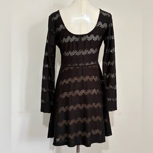 DEREK HEART, Black Long-Sleeve Scoop Back Lace-Pattern A-Line Dress, Size L